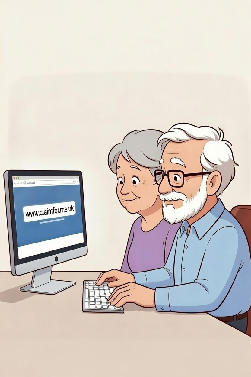Happy elderly couple checking Pension Credit on computer